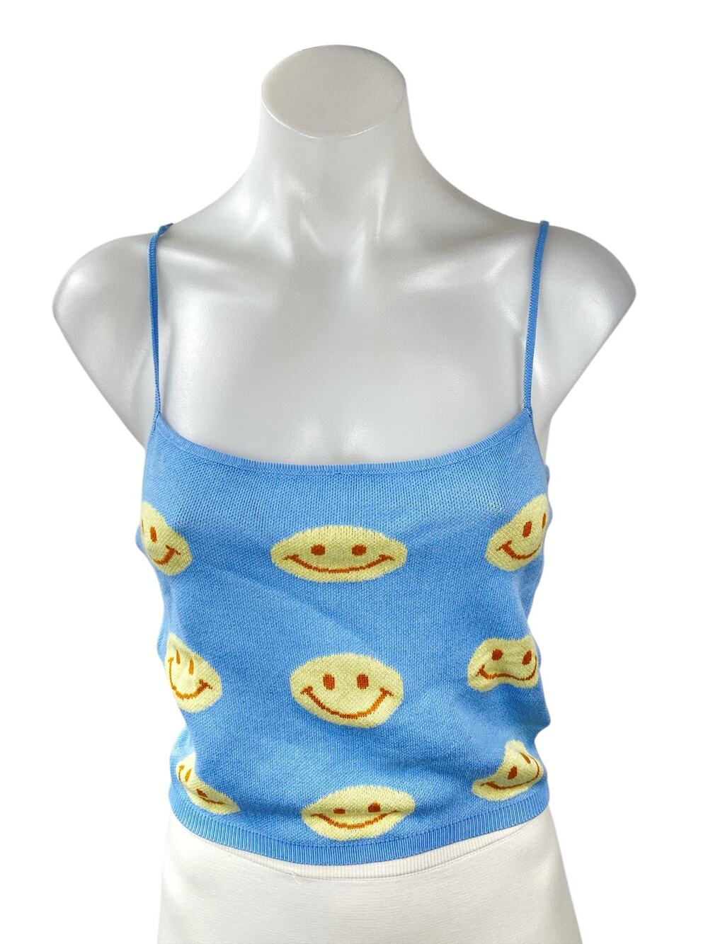 Baevely Womens Blue Smiley Print Sleeveless Cami Camisole Crop Tank Top Size S